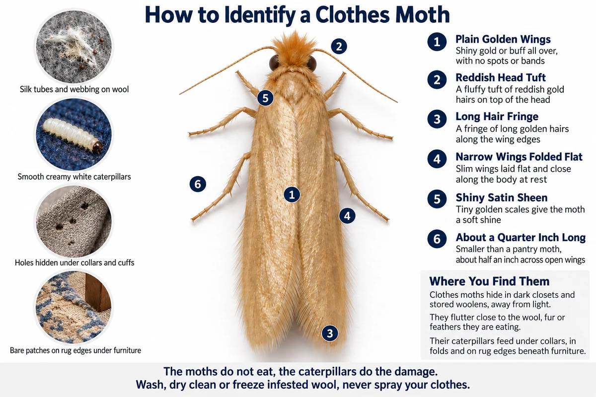 Labeled photo of a webbing clothes moth pointing out its plain golden wings, reddish head tuft and fringed wing edges, with its silk tubes, caterpillars and holes in wool