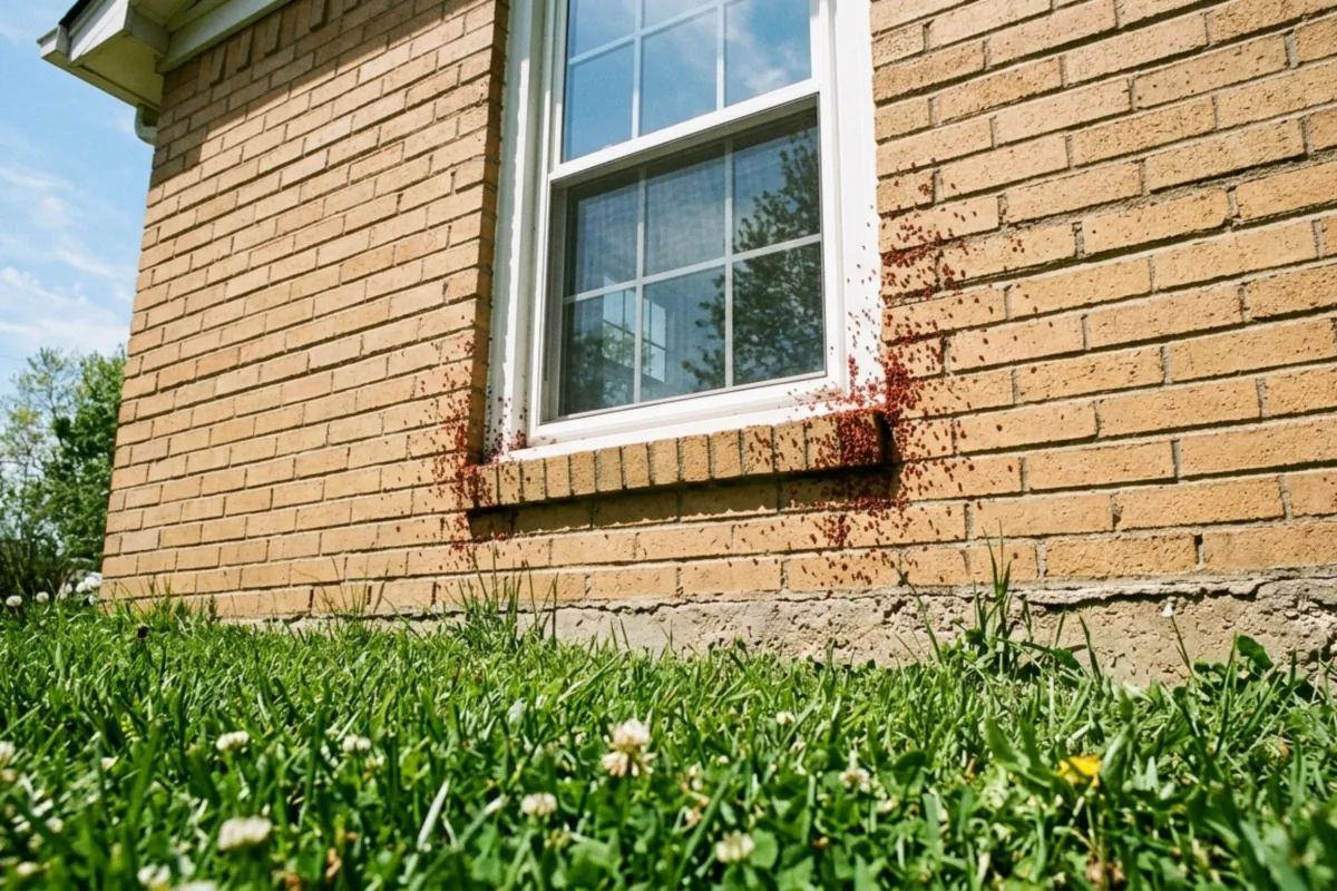 Clover Mite Control 4 Tiny red clover mites gathered on a sunny brick wall and windowsill above a lawn that runs up to the foundation