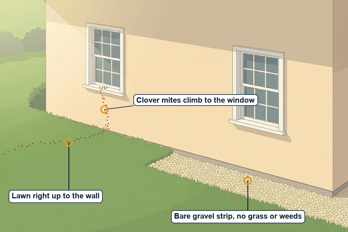 Clover Mite Control 7 Side view of a house with the lawn running up to a sunny wall, clover mites climbing to a window, and a bare gravel strip along the foundation
