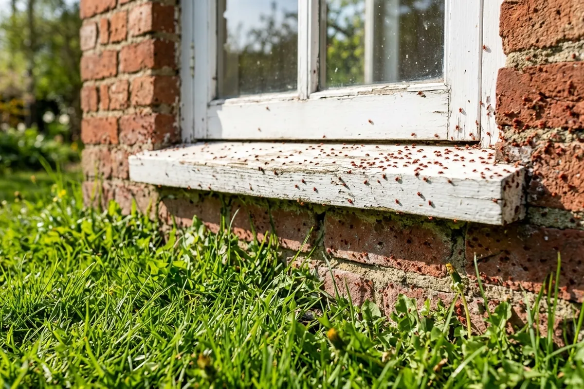 Clover mites gathered on a sunny brick wall and windowsill above a lawn that runs up to the foundation