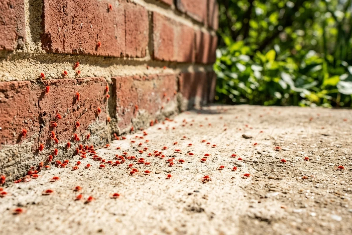 Tiny red clover mites crawling on a sunny concrete patio beside a brick wall