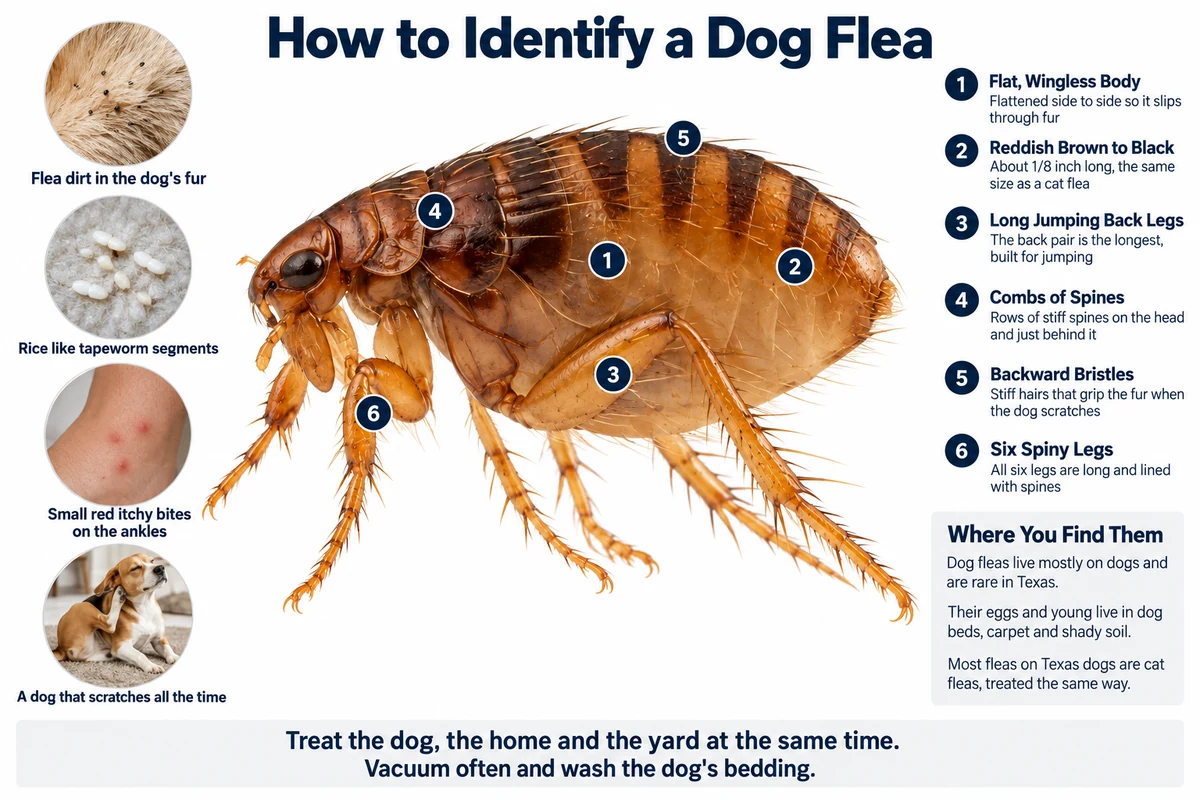 Labeled photo of a dog flea pointing out its flat wingless body, reddish brown color, long jumping legs, comb of spines and bristles, with flea dirt, rice-like tapeworm segments, ankle bites and a scratching dog