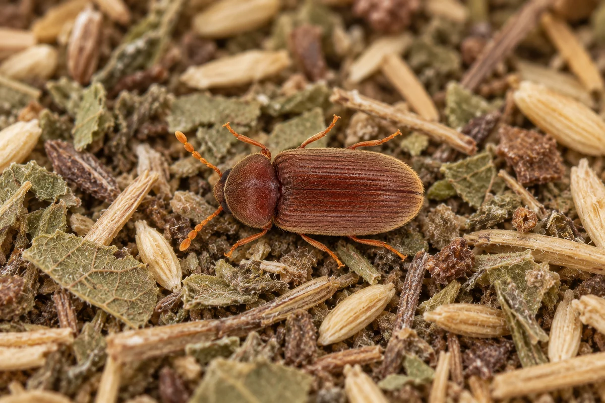 A tiny reddish brown drugstore beetle on the edge of an open spice jar in a kitchen pantry