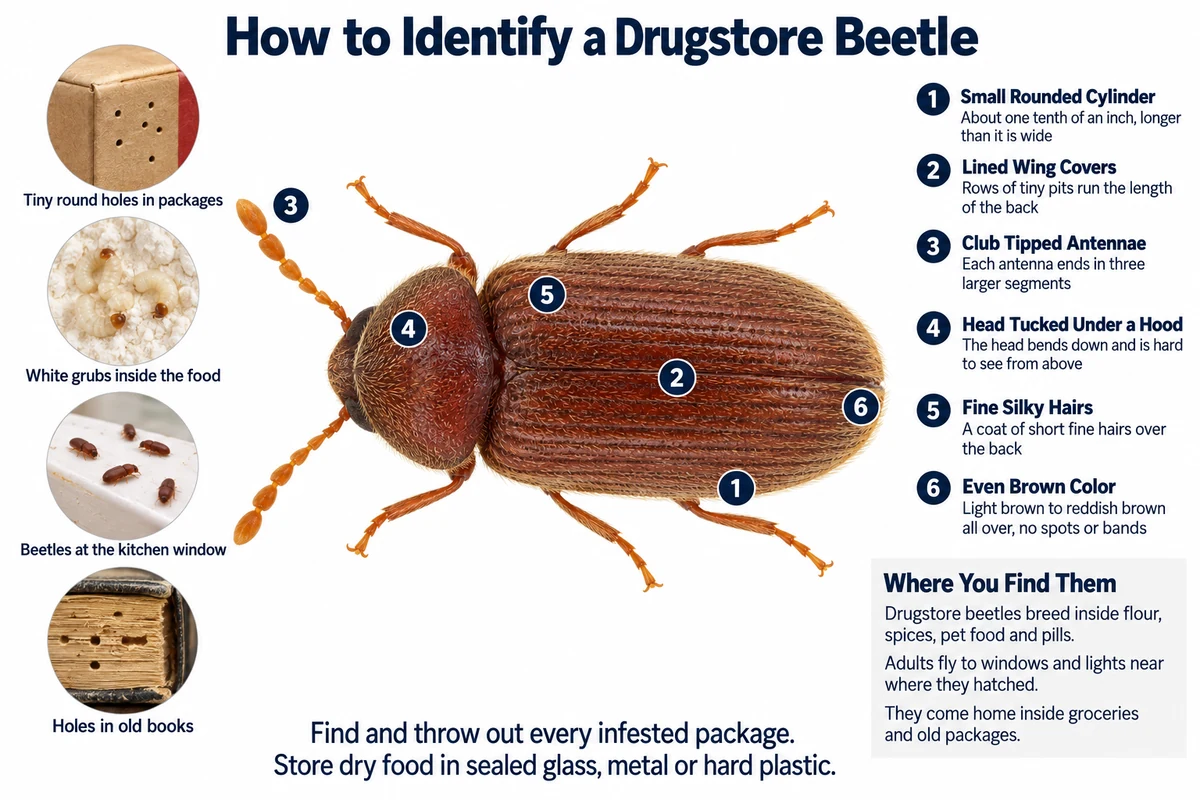 Labeled photo of a drugstore beetle pointing out its small brown body, lined wing covers, club tipped antennae and tucked head, with pinholes in a package, grubs in food, beetles at a window and holes in an old book