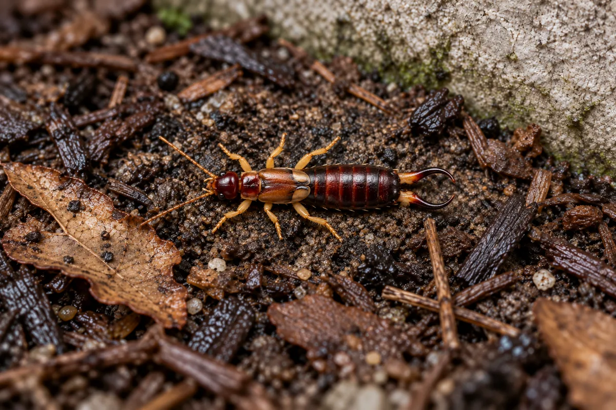 A reddish brown earwig with its tail pincers raised on damp mulch beside a brick house foundation