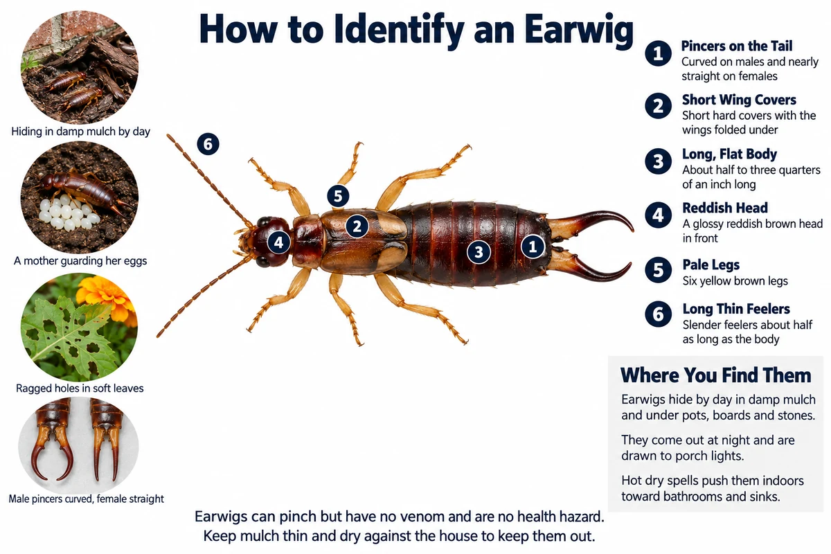 Labeled photo of an earwig pointing out its tail pincers, short wing covers, long flat body, reddish head, pale legs and long feelers, with where it hides and the damage it does