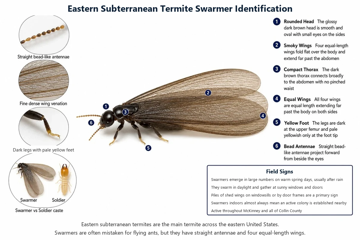 Labeled photo of a winged eastern subterranean termite pointing out its beaded antennae, rounded head, thick waist, four equal wings and pale yellow feet