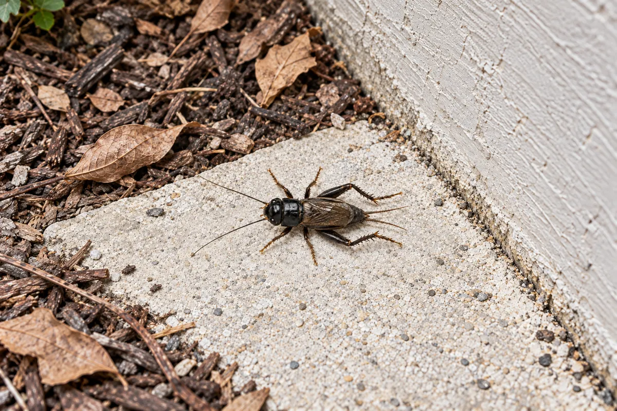 A shiny black field cricket with long antennae and its wings folded flat on its back