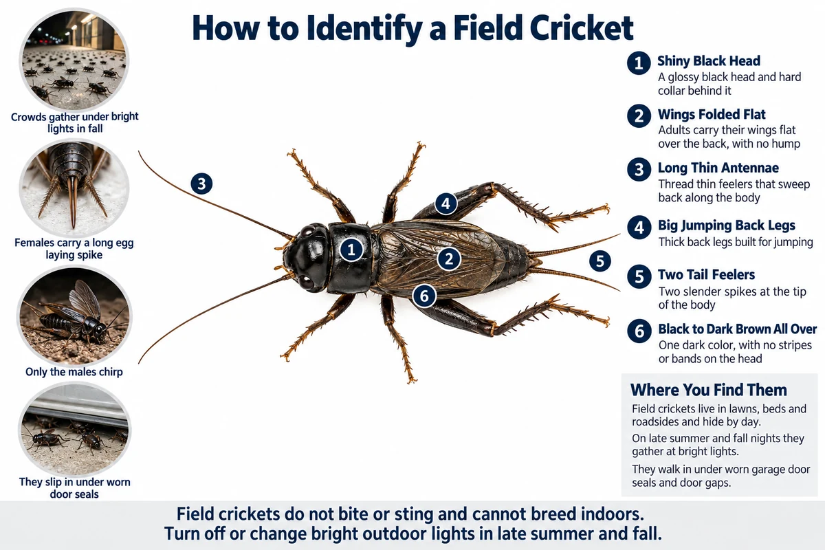 Labeled photo of a field cricket pointing out its shiny black head, wings folded flat, long antennae, big back legs and two tail feelers, with crickets at a light and under a garage door