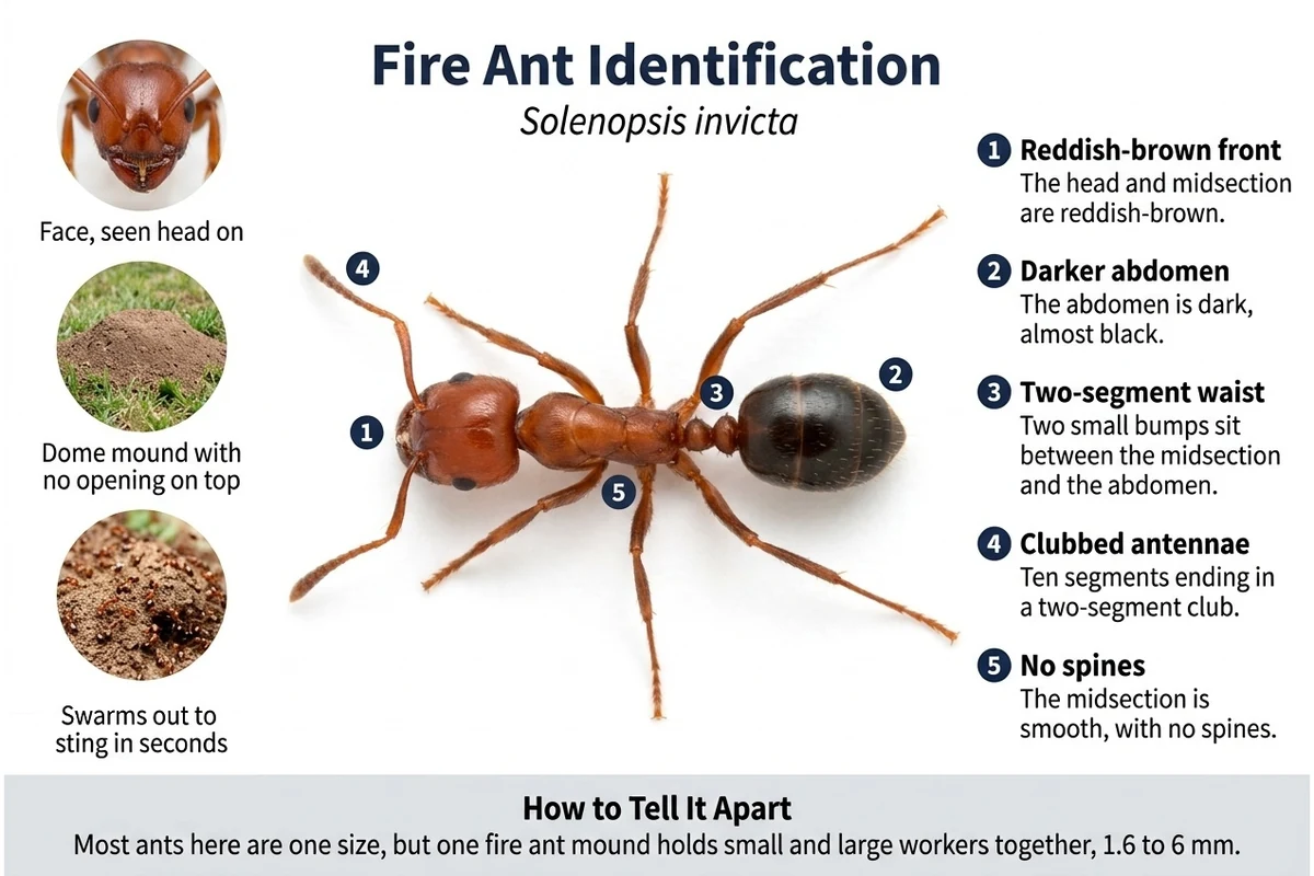 Labeled diagram of a fire ant seen from above, pointing out its reddish-brown front, dark abdomen, two-segment waist and clubbed antennae