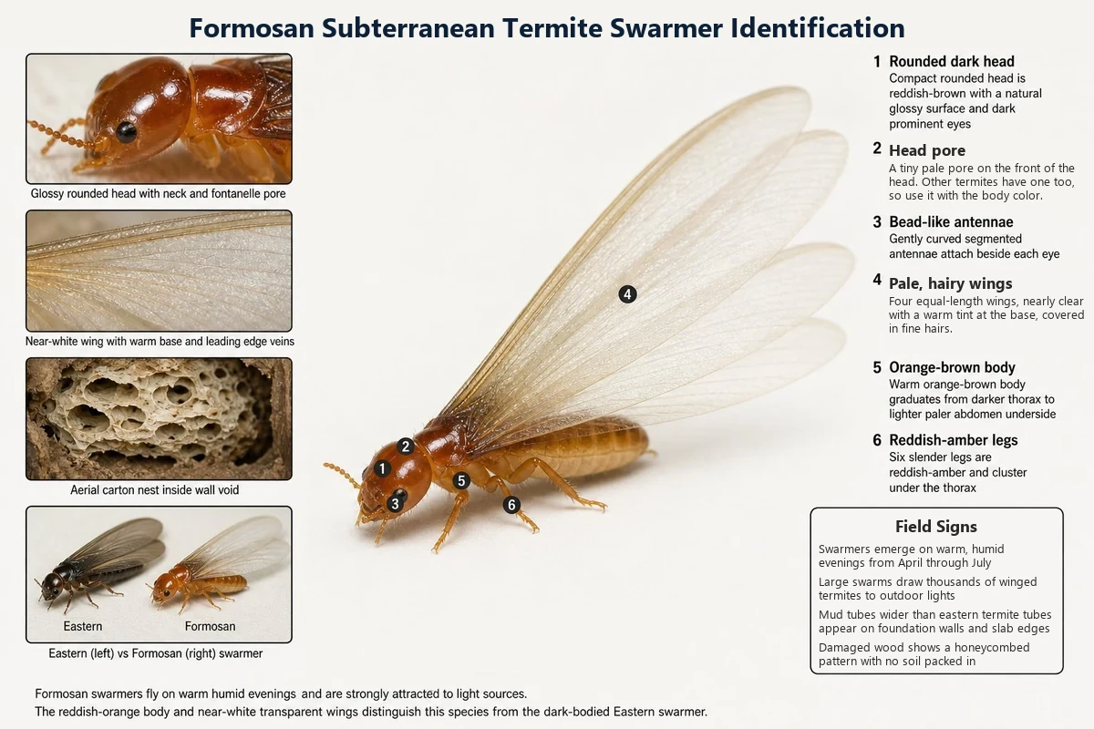 Labeled photo of a winged Formosan termite pointing out its rounded head, bead-like antennae, four near-clear wings of equal length and orange-brown body