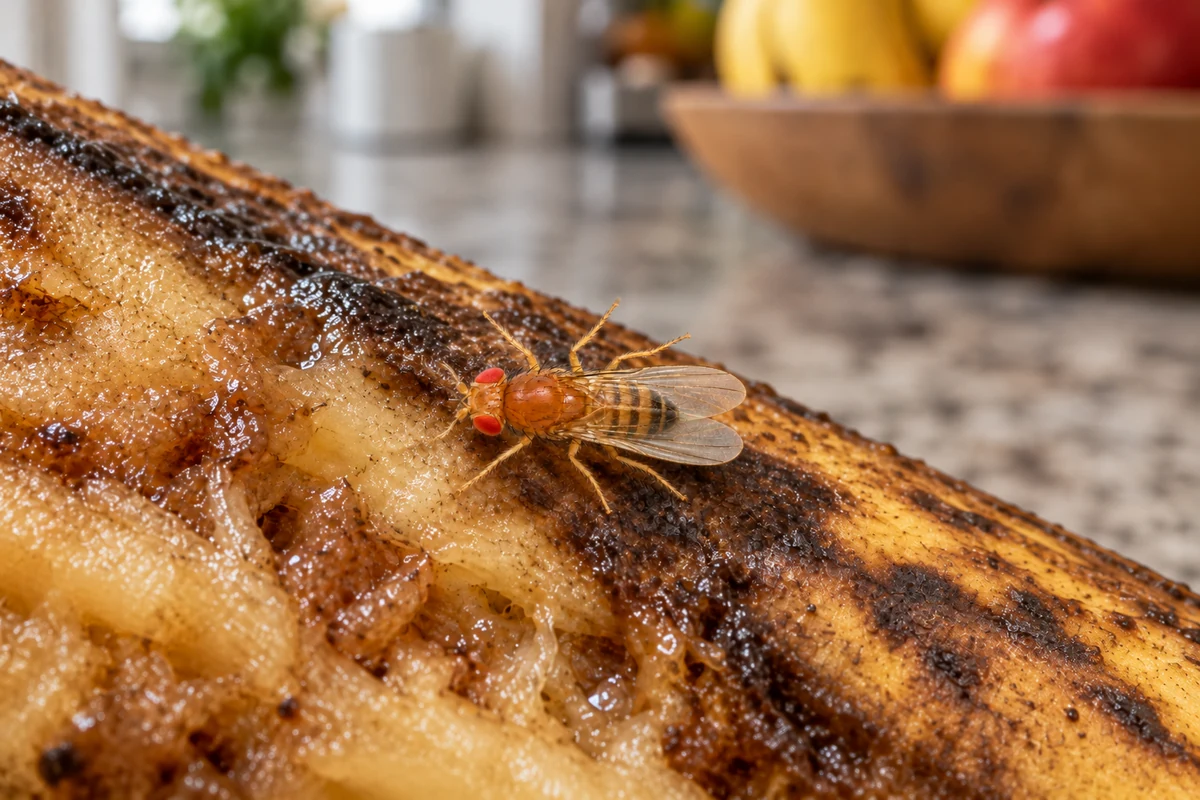 A tiny tan fruit fly with red eyes resting on an overripe banana on a kitchen counter