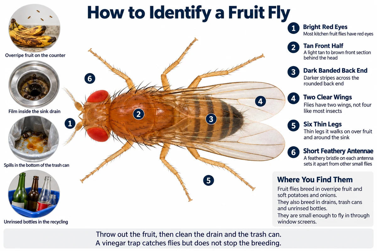 Labeled photo of a fruit fly pointing out its red eyes, tan front, dark-banded back end, clear wings, thin legs and short antennae, with the places it breeds