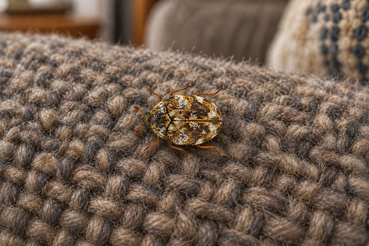 A tiny round furniture carpet beetle with black, white and orange speckles on the fabric of an upholstered chair