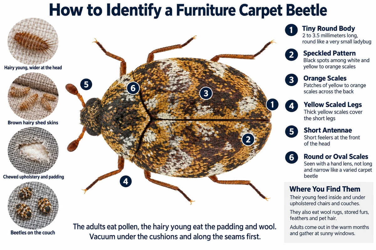 Labeled photo of a furniture carpet beetle pointing out its round body, black, white and orange speckles and yellow scaled legs, with its hairy young, shed skins and chewed upholstery