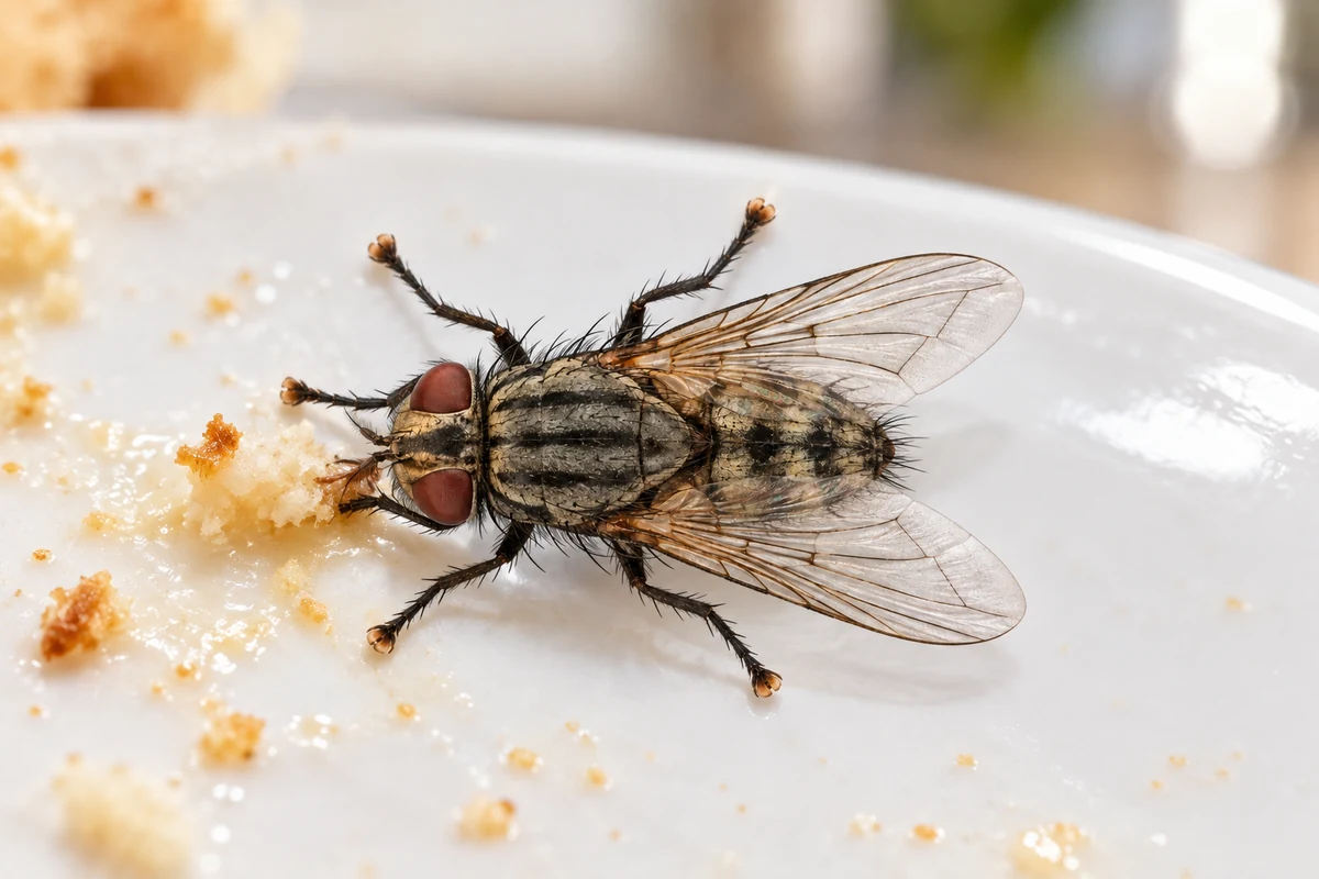 House flies feeding on food scraps on a white plate in a kitchen