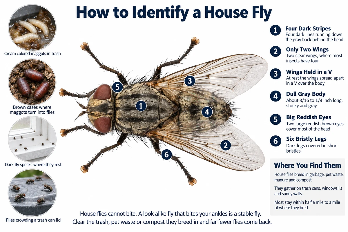Labeled photo of a house fly pointing out the dark stripes on its back, its two clear wings, its gray body and its sponging mouthparts, with maggots, the brown cases they turn into and fly specks