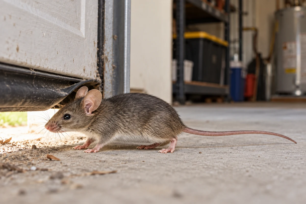 A house mouse slipping through a gap at the corner of a garage door