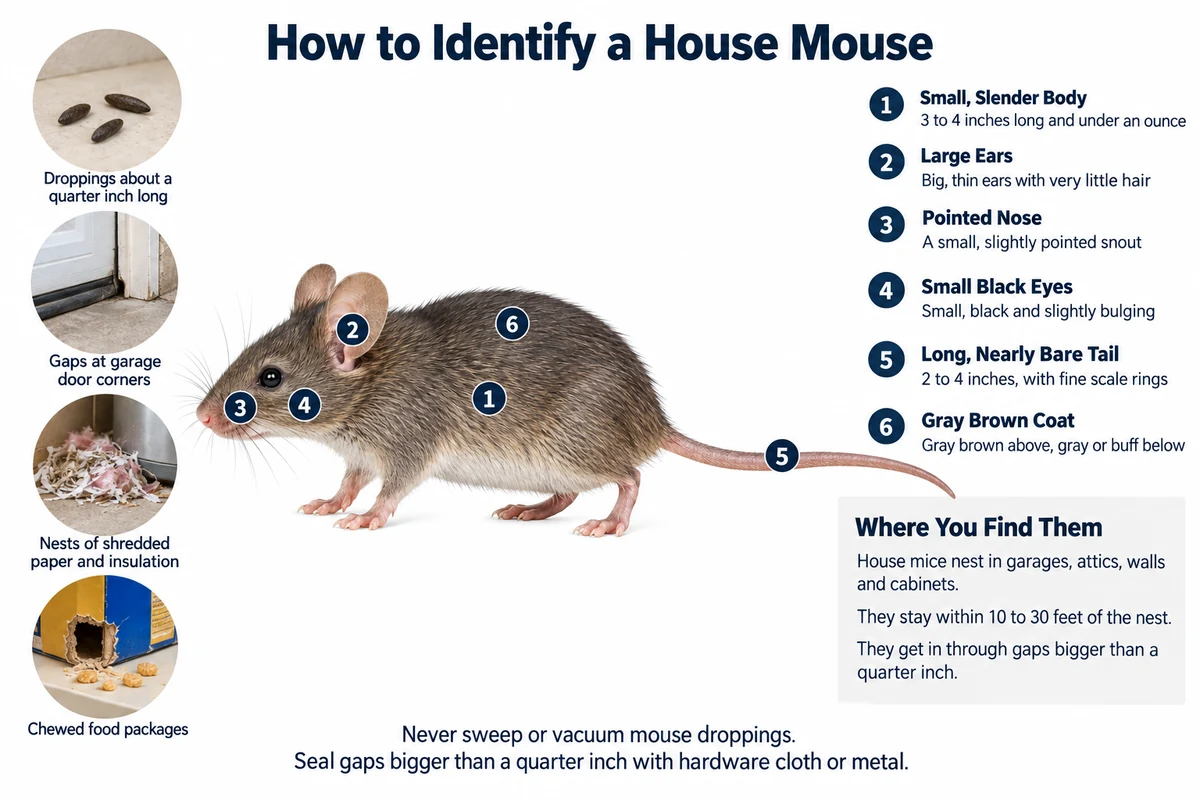 Labeled photo of a house mouse pointing out its small slender body, large ears, pointed nose, small black eyes and long nearly bare tail, with its droppings, gnaw holes, nest and rub marks
