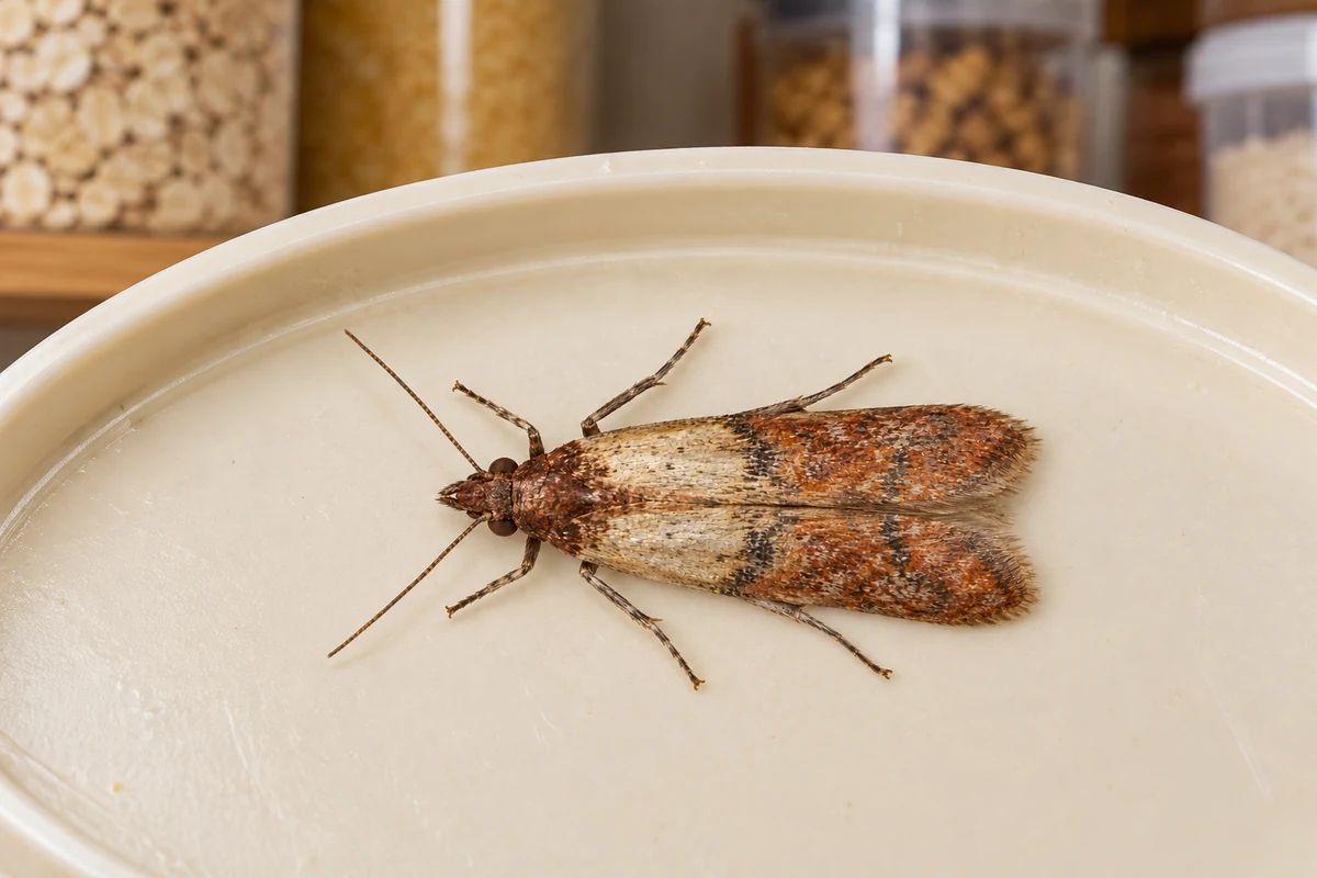 An Indian meal moth with copper wing tips resting on the rim of an open bag of flour in a pantry