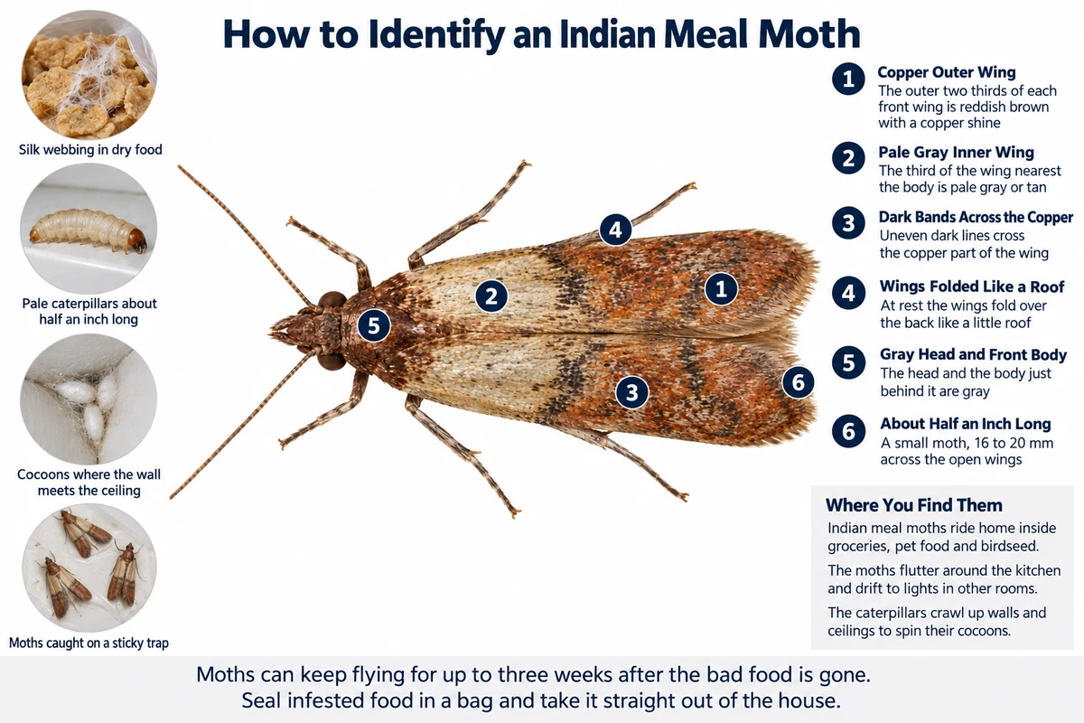 Labeled photo of an Indian meal moth pointing out its copper outer wings, pale gray inner wings and gray head, with its webbing, caterpillar and cocoons
