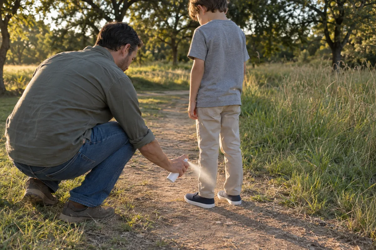 DEET, Picaridin or Permethrin, the Right Repellent for Mosquitoes, Chiggers and Ticks 11 A parent spraying insect repellent on a child's pant legs before a walk through a grassy Texas park