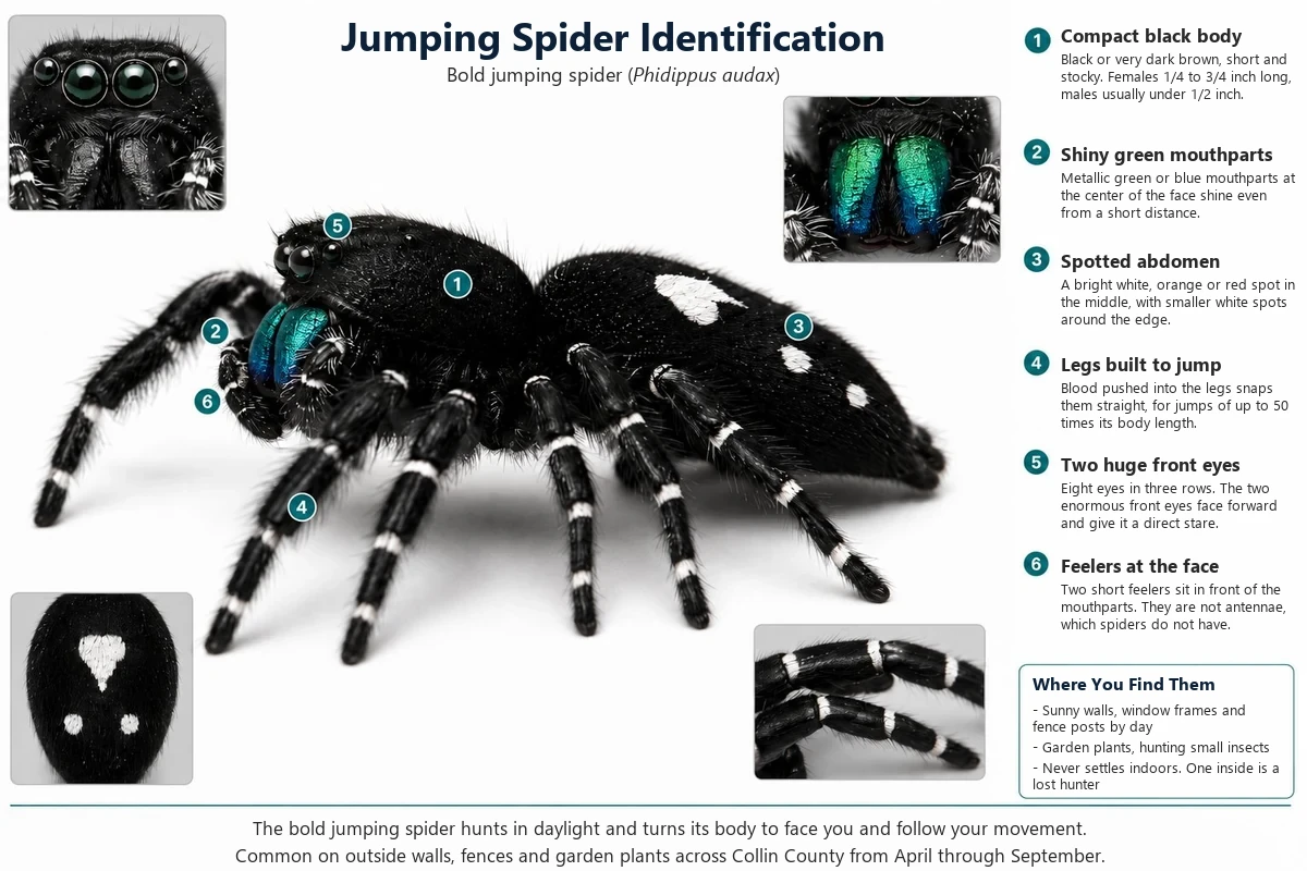 Labeled photo of a bold jumping spider pointing out the two large front eyes, the green mouthparts and the white spot on the abdomen