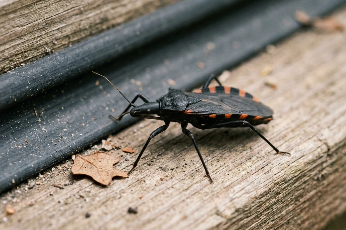A kissing bug seen side-on on a weathered wooden board beside a dark rubber door seal, with a dry leaf nearby