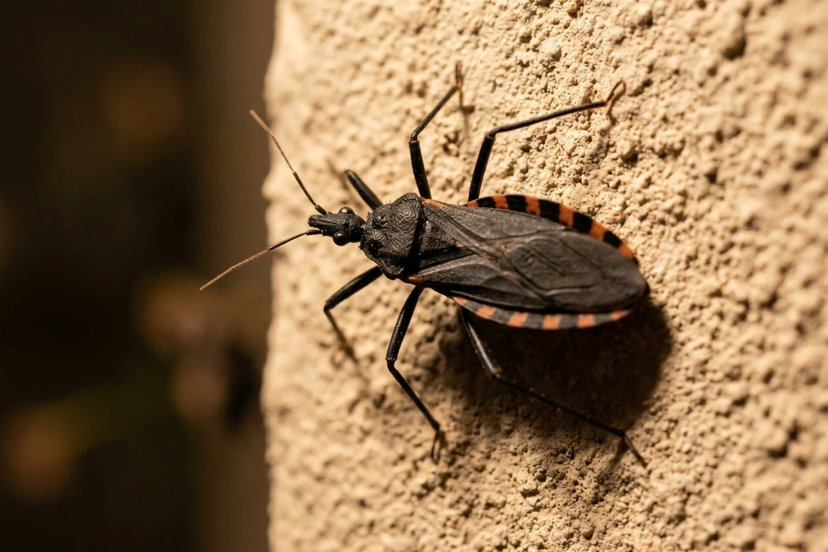 A black kissing bug with a cone-shaped head, long thin legs and an orange and black banded edge climbing a tan stucco wall at night