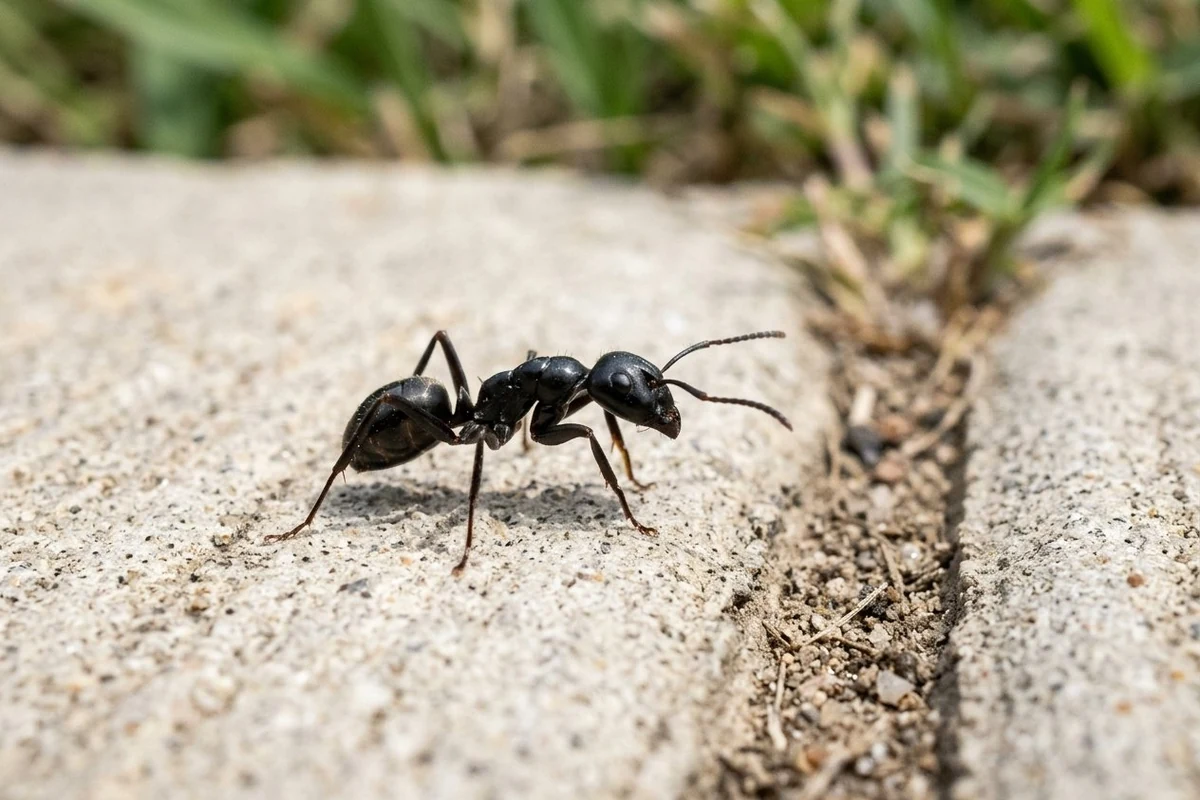 Little Black Ant (House Ant) on a concrete paver at the edge of the grass