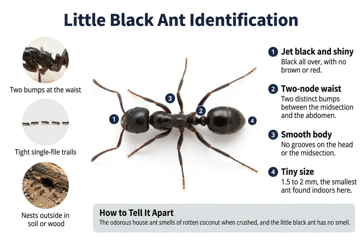 Labeled diagram of a little black ant seen from above, pointing out its shiny jet-black body, smooth surface and two-node waist