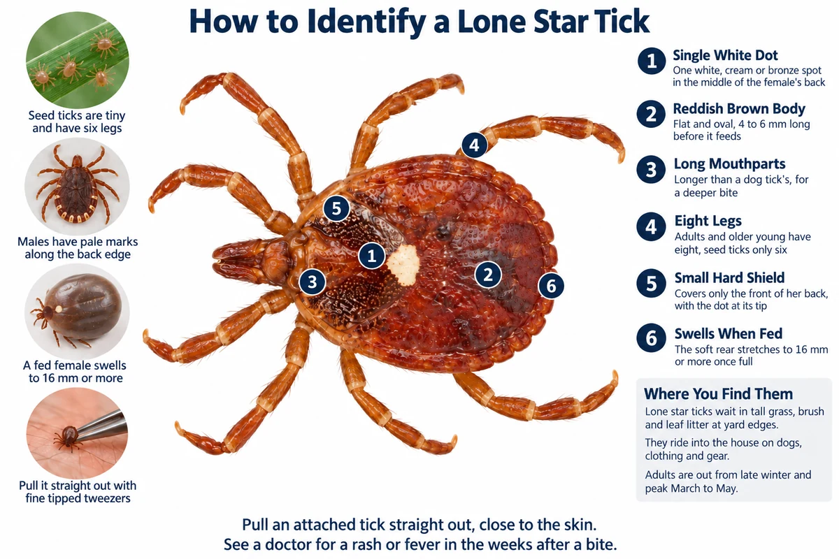 Labeled photo of a female lone star tick pointing out the white dot, the small hard shield, the long mouthparts, the eight legs and the reddish brown body, with seed ticks, a male and a fed female beside it