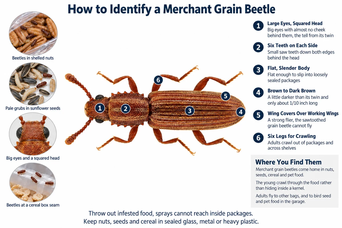 Labeled photo of a merchant grain beetle pointing out its flat brown body, large eyes, squared-off head, the six teeth along each side and its wing covers, with infested nuts and seeds