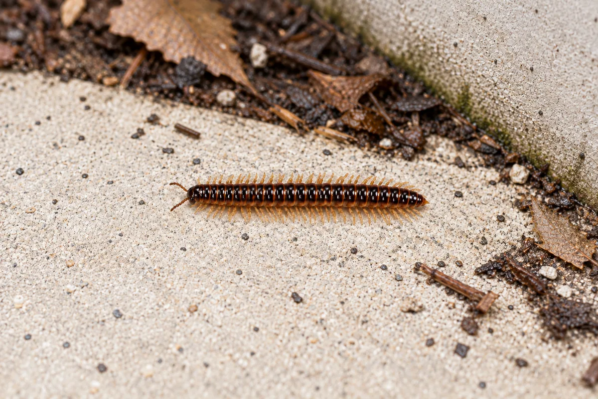 A brown millipede crawling over damp mulch at the edge of a house foundation