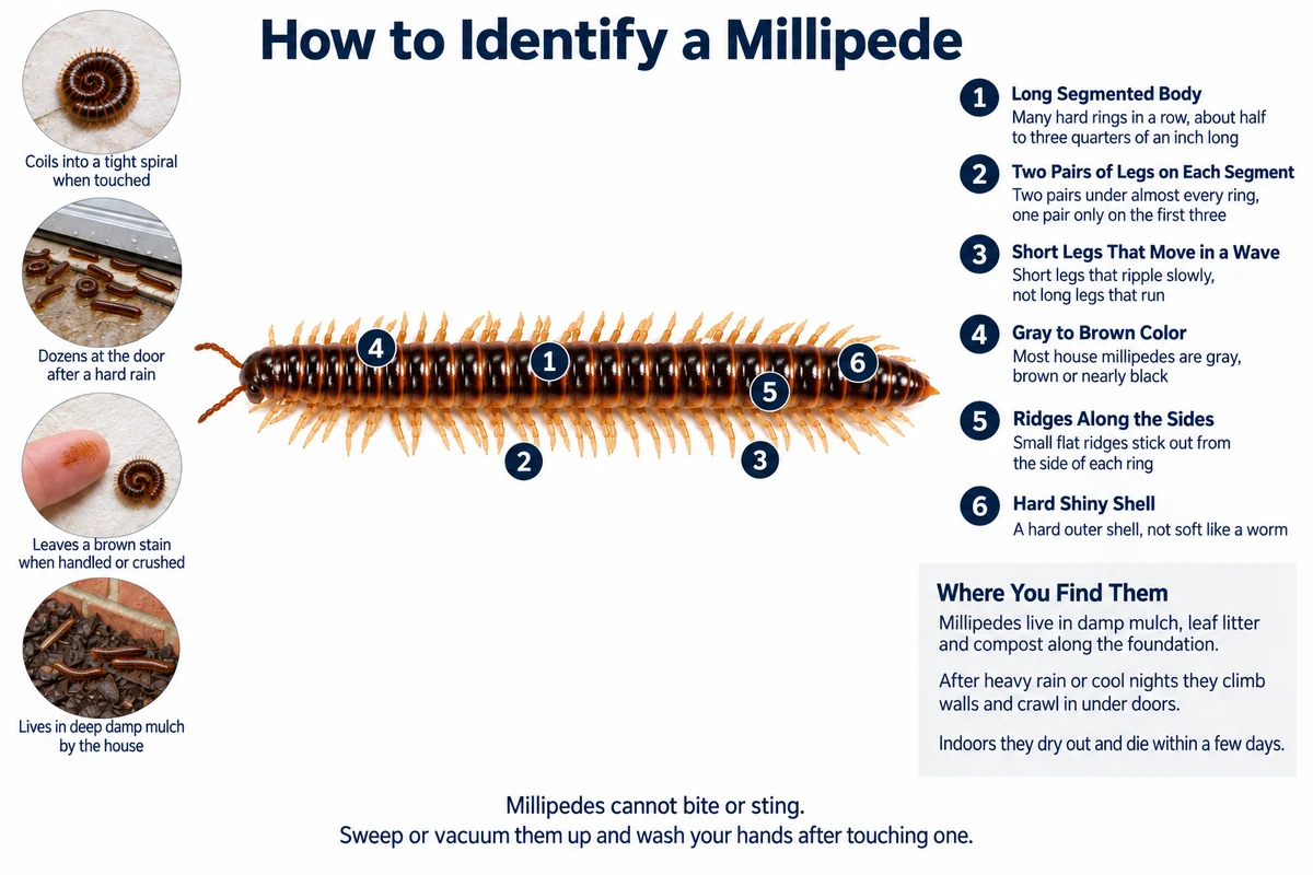 Labeled photo of a millipede pointing out its long segmented body, two pairs of legs on each segment, hard shell and side ridges, with a coiled millipede and a group at a door