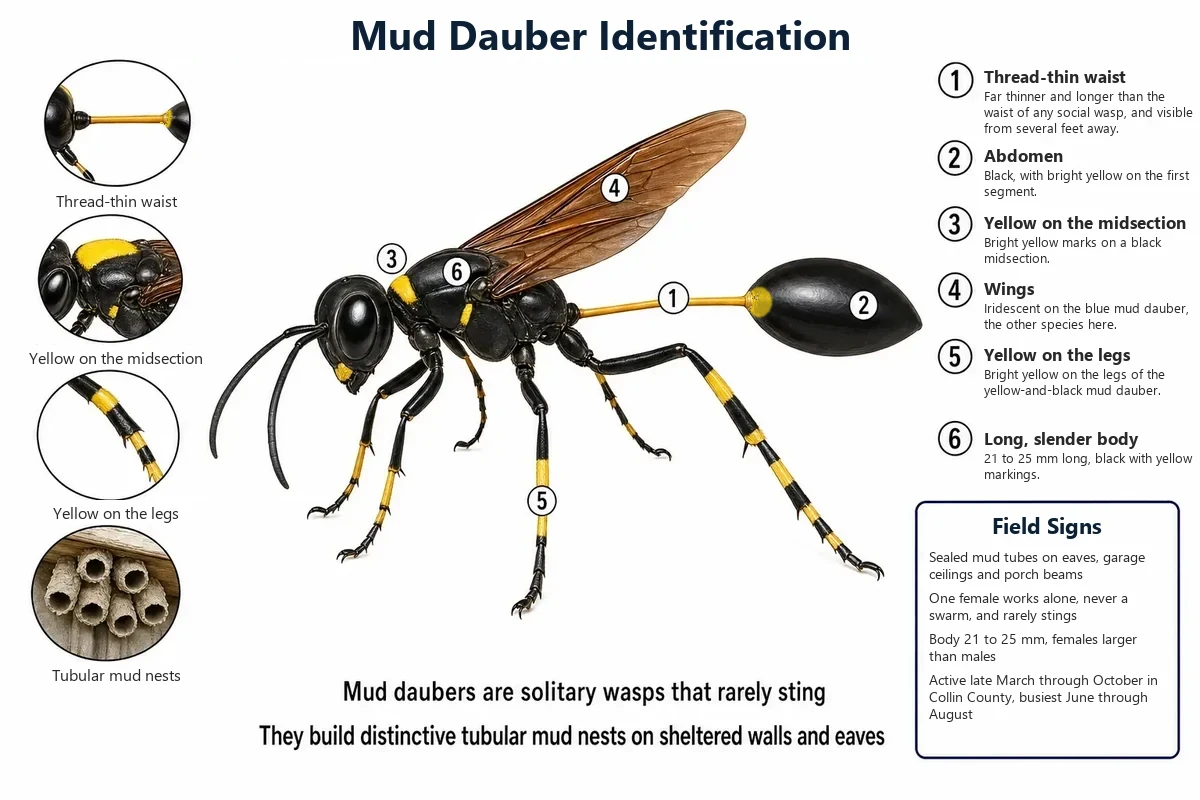 Labeled photo of a mud dauber pointing out the thread-thin waist, the narrow abdomen and where the mud tube nest attaches