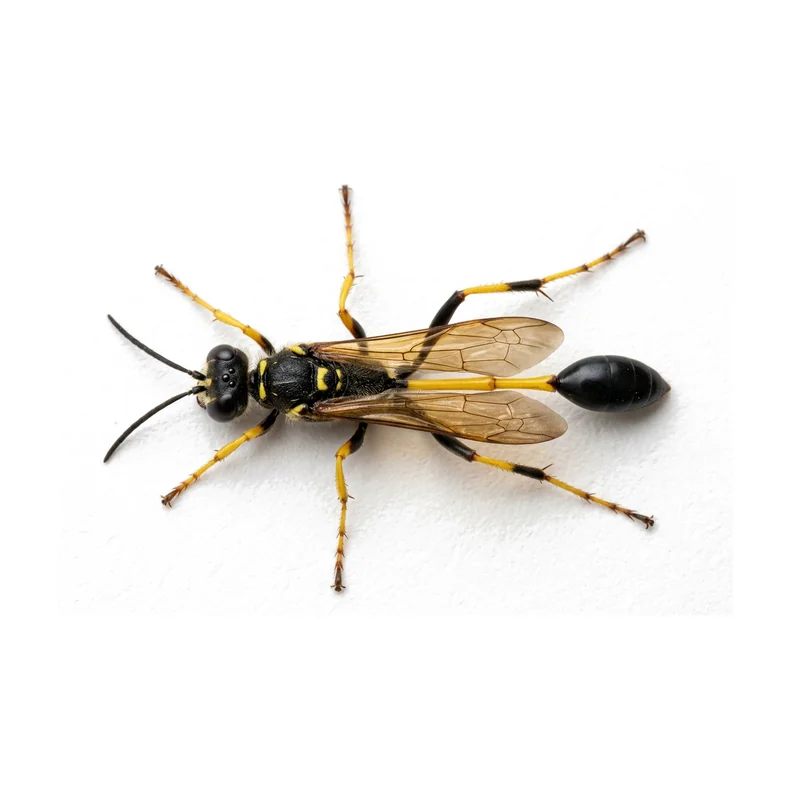 A mud dauber seen from above on white, a black wasp with a long yellow thread-thin waist and yellow legs