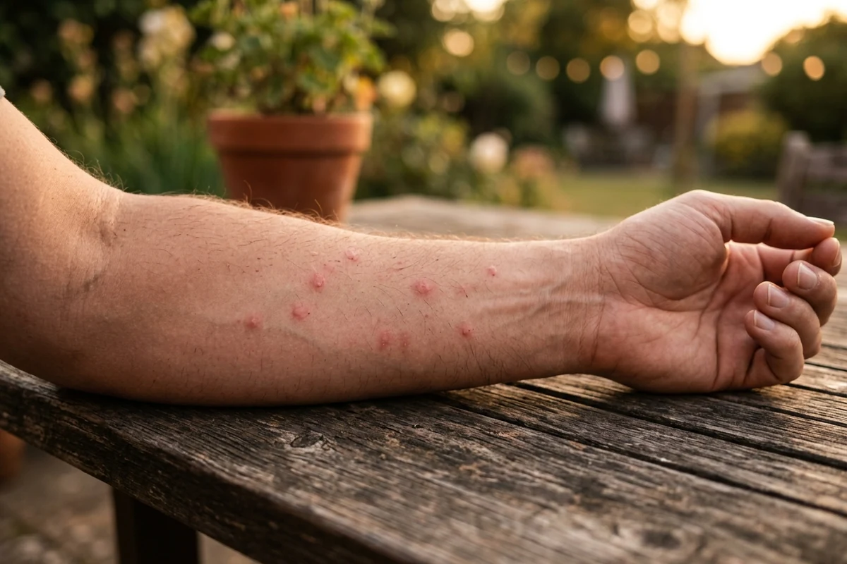 Small red no-see-um bite welts on a forearm after an evening outdoors