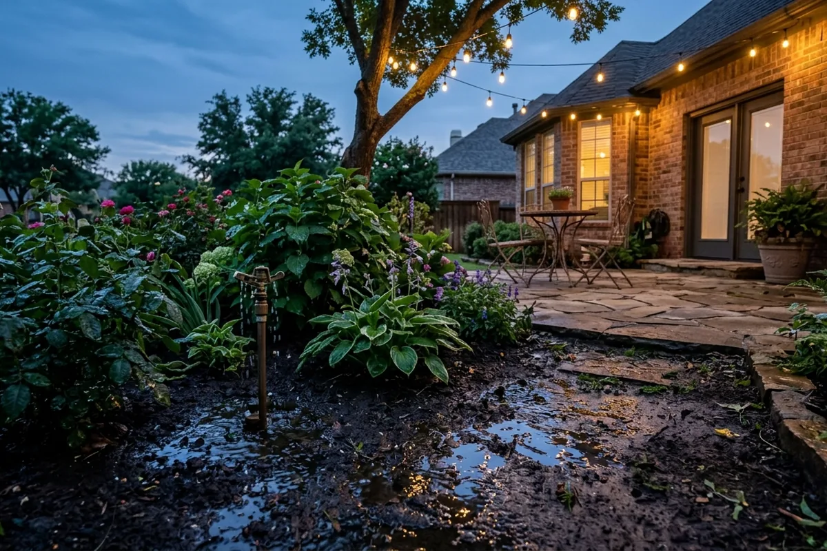 No-See-Um Control 4 Backyard patio at dusk next to a damp, heavily watered flower bed