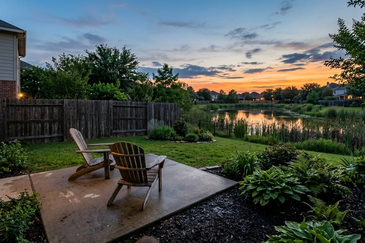 Backyard patio at dusk with a pond behind the fence and a damp, shaded flower bed