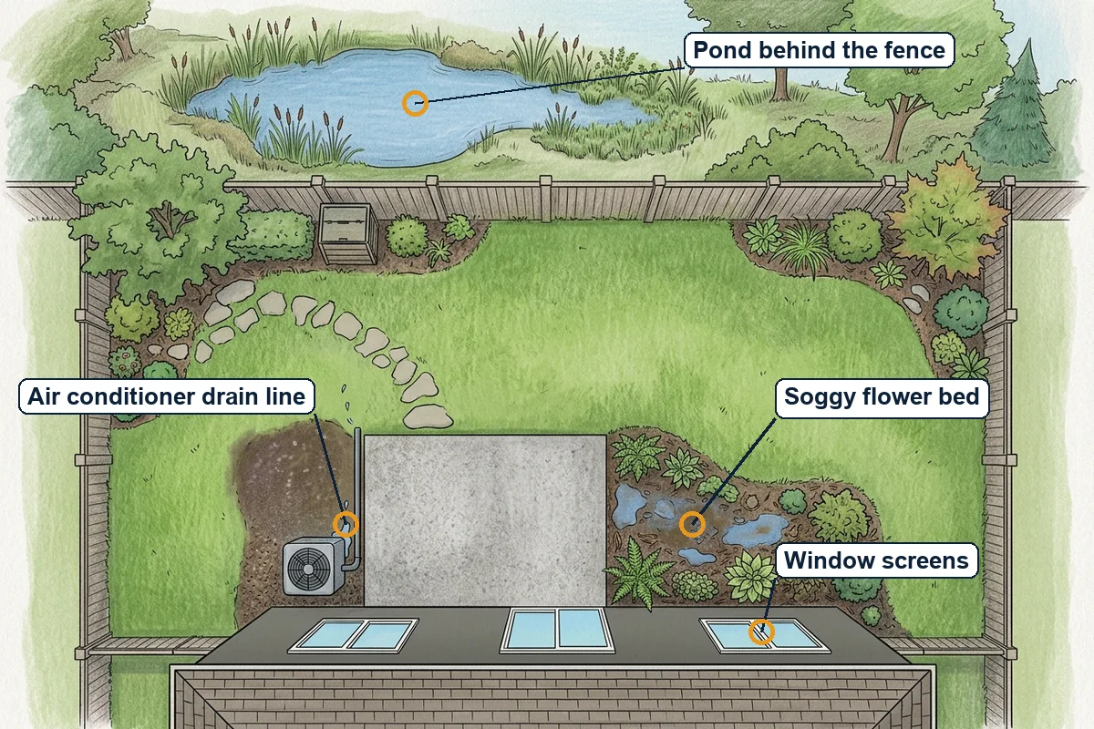 No-See-Um Control 7 Top-down yard plan marking a soggy flower bed, an air conditioner drain line, a pond behind the fence and the window screens as places to check for no-see-ums