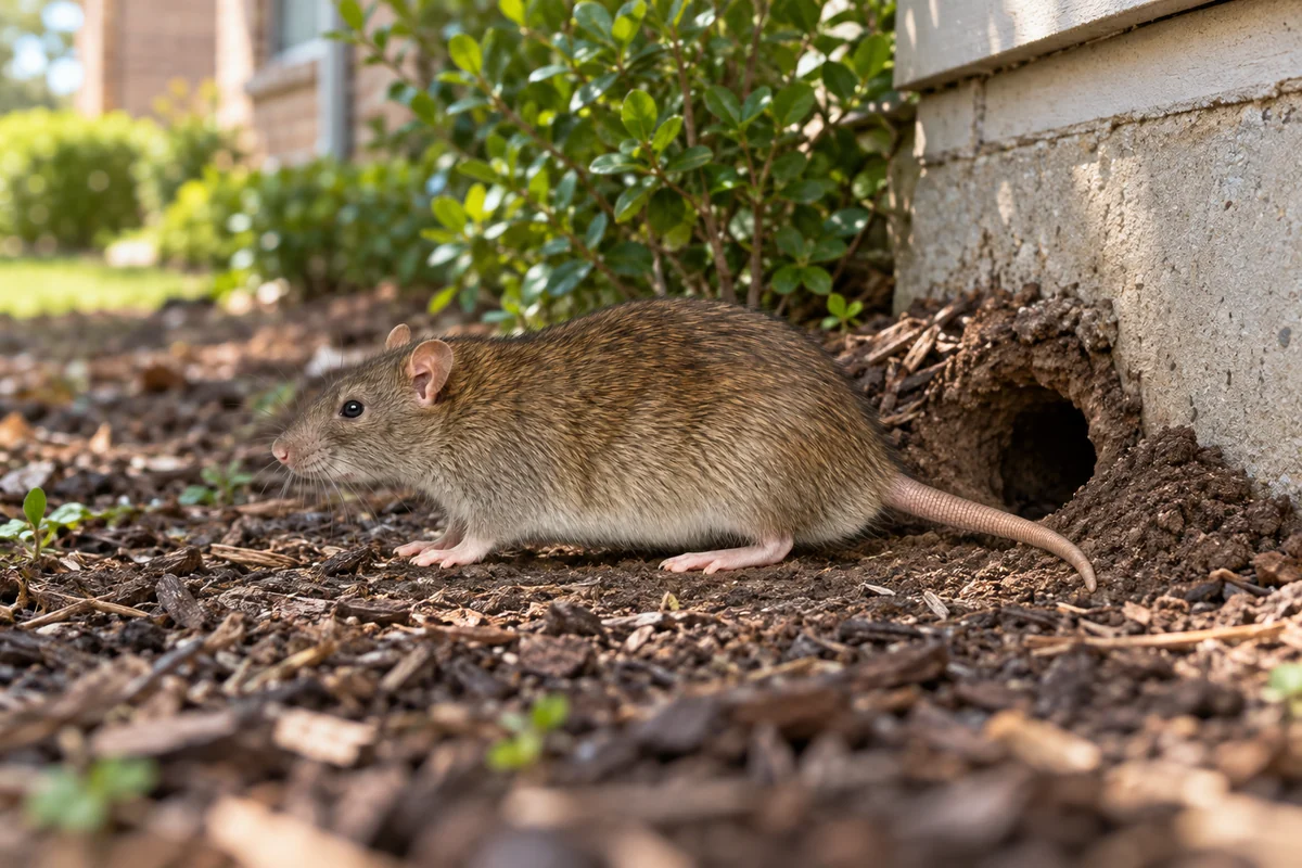 A brown Norway rat at the entrance of its burrow beside a house foundation