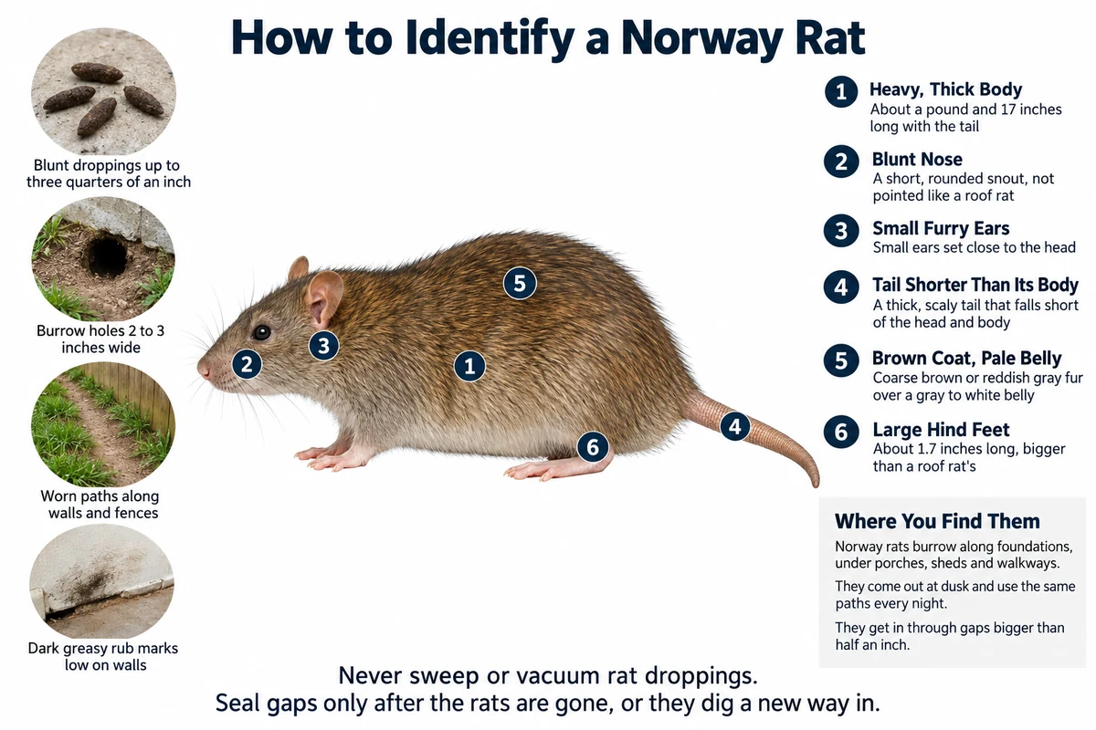 Labeled photo of a Norway rat pointing out its heavy body, blunt nose, small ears, short thick tail and large hind feet, with its droppings, burrow, runway and rub marks