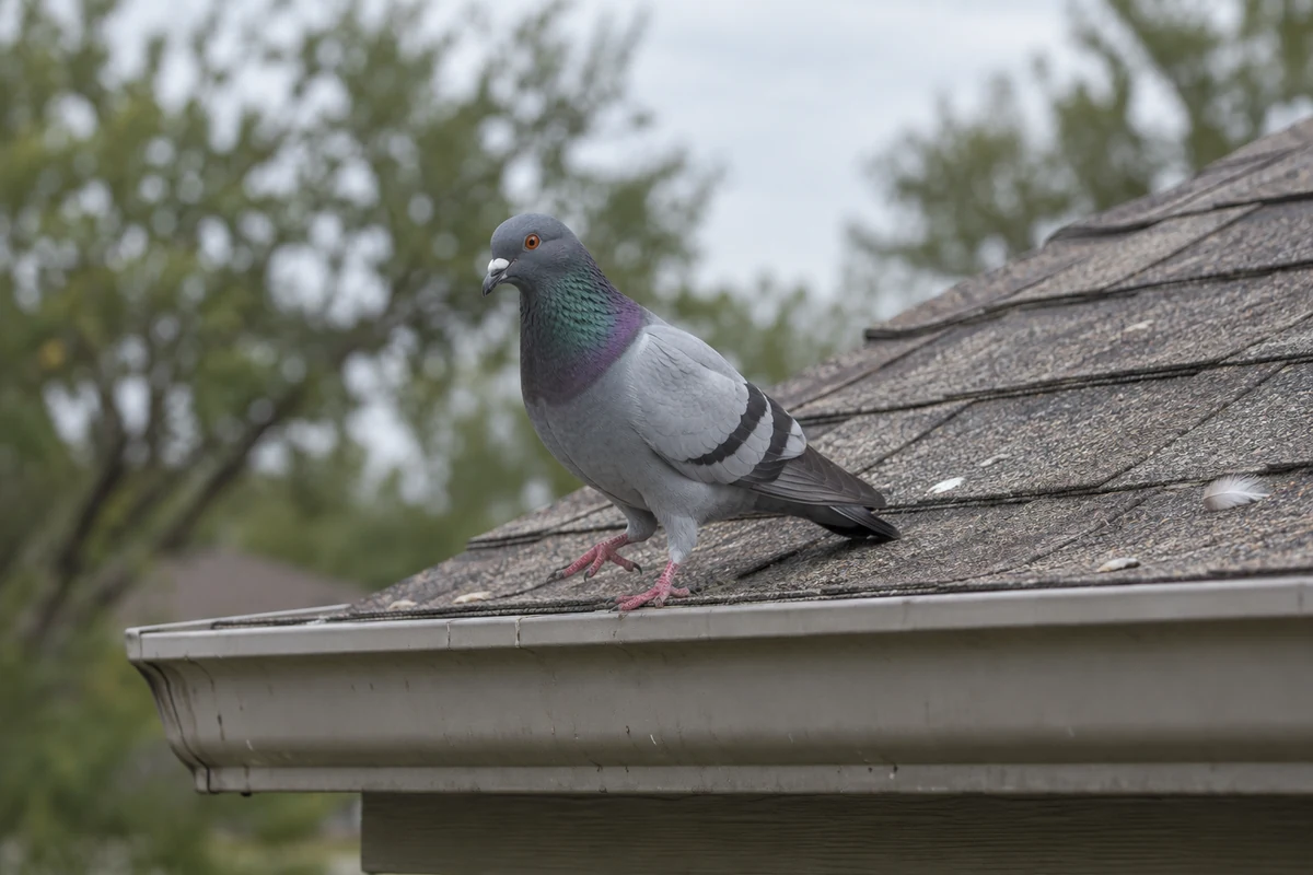 Feral Rock Pigeon on a roof edge in Collin County, showing its blue gray body with two dark wing bars