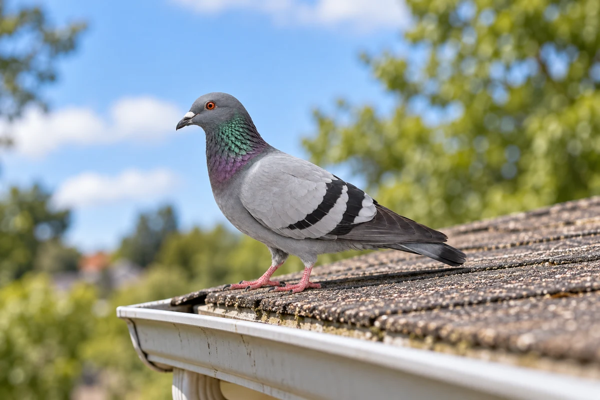 A blue-gray feral rock pigeon with two black bars on each wing and red feet
