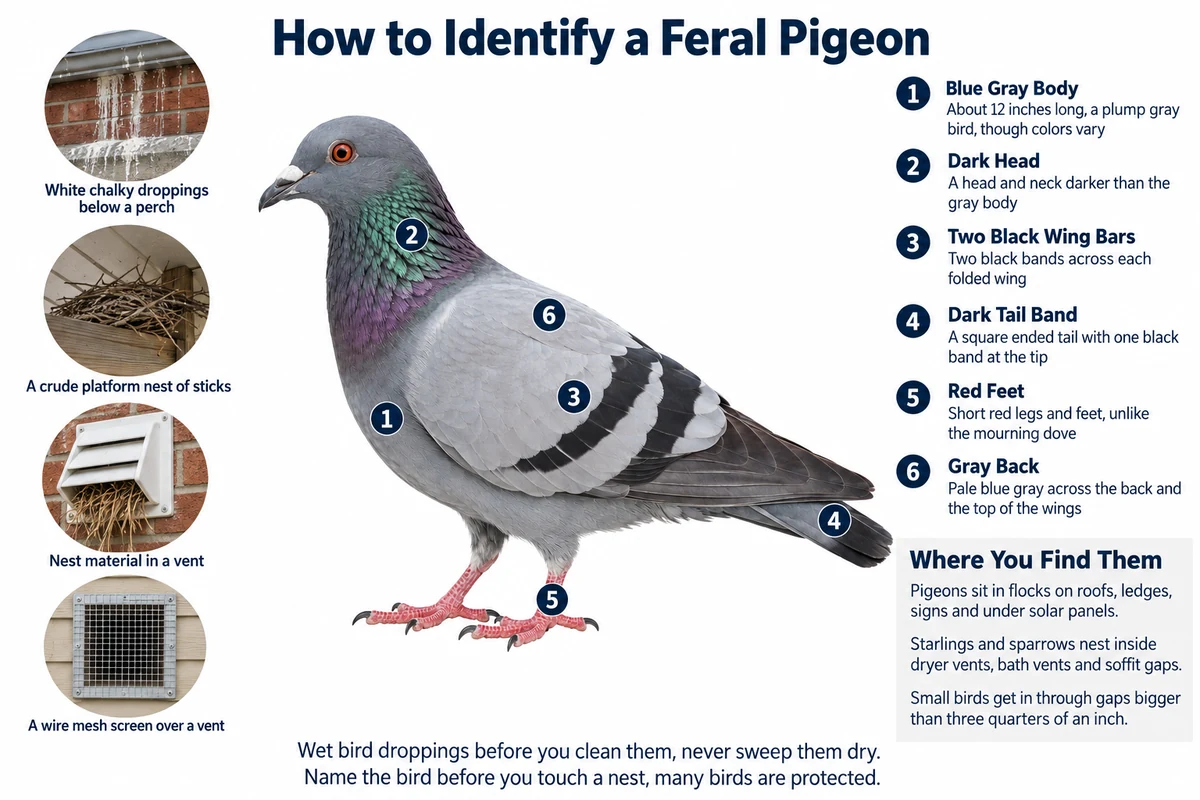 Labeled photo of a feral rock pigeon pointing out its blue-gray body, dark head, black wing bars, dark tail band and red feet, with its droppings, nests and the vents it uses