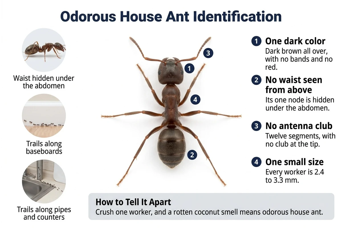 Labeled diagram of an odorous house ant seen from above, pointing out its one dark color, hidden waist and antennae with no club