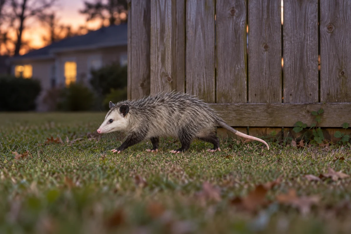 A gray Virginia opossum with a white face and bare pink tail walking out from under a backyard deck
