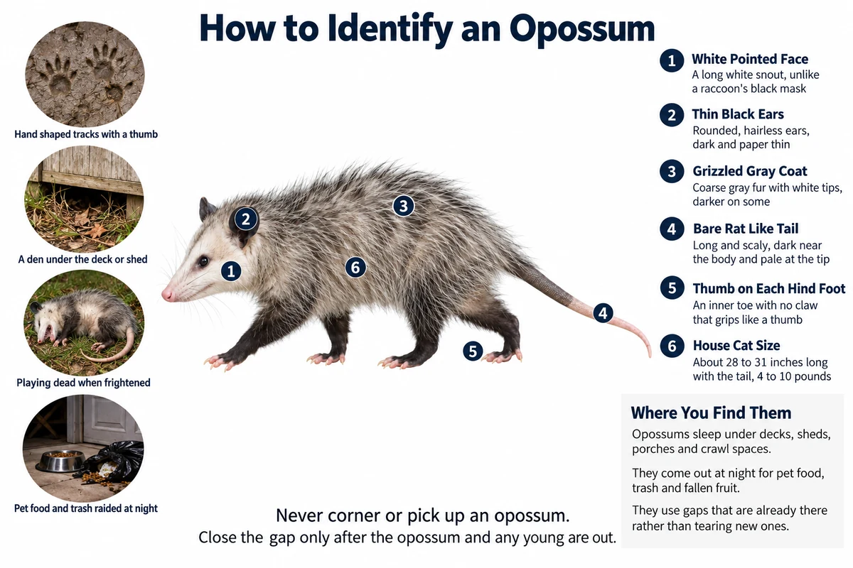 Labeled photo of a Virginia opossum pointing out its white face, thin black ears, gray coat, bare tail and thumb-like hind toe, with its tracks, a den under a shed and an opossum playing dead