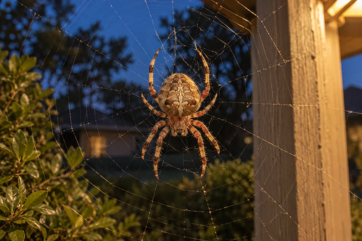 A spotted orbweaver hanging head down in its round web beside a porch post at dusk, showing its round hairy abdomen and banded legs
